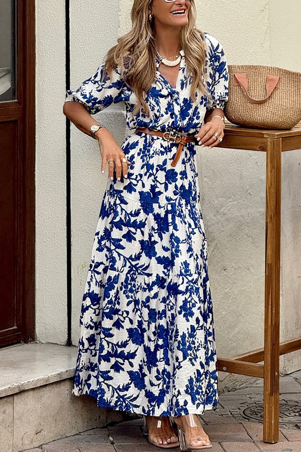 Plant Print V-neck Half-sleeve High Waist Casual Maxi Dress