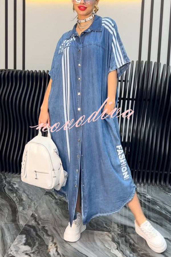 Fashion Letter Print Lapel Cardigan Loose Maxi Dress