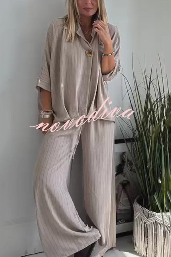 Fashion Striped Print Lapel Loose Top and Elastic Waist Casual Wide-leg Pants Set