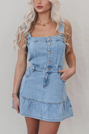 Solid Square Neck Suspender Button Pocket Denim Mini Dress