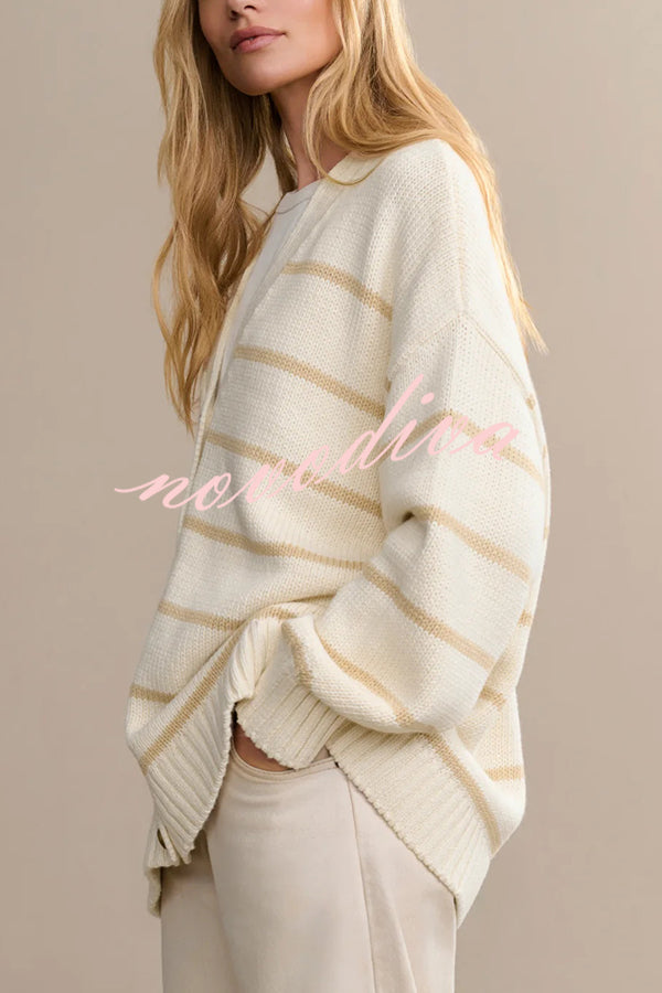Striped Loose V-neck Long-sleeved Casual Knit Cardigan