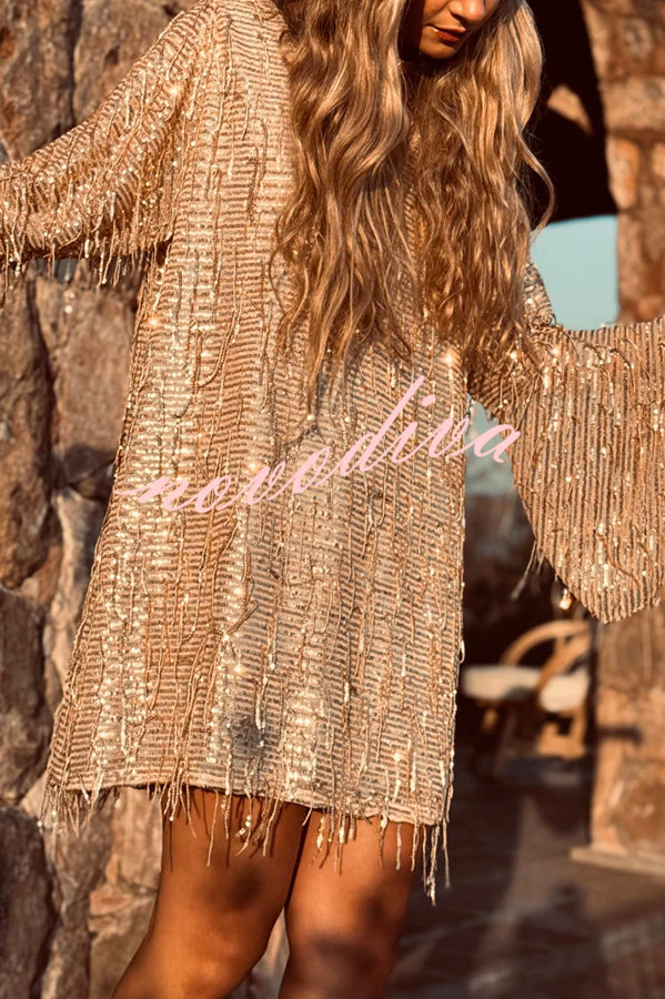 Flowing Shimmer Sequin Tassel Fabric Bell Sleeve Back Tie-up Loose Mini Dress