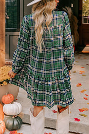 Plaid Print Loose V-Neck Long Sleeve Casual Mini Dress