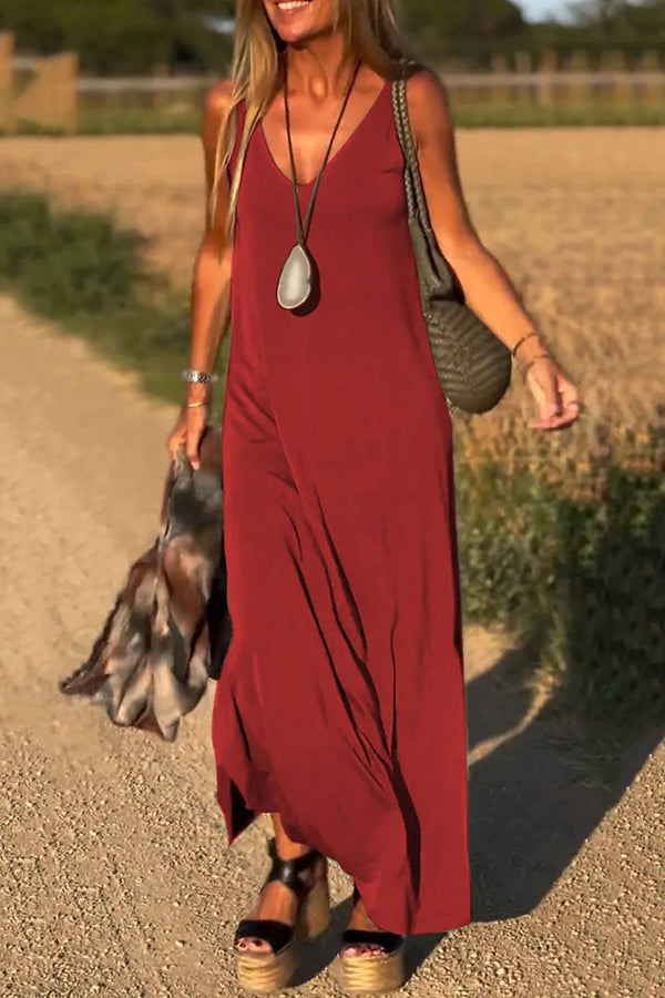 Solid Color V-neck Sleeveless Casual Loose Maxi Dress