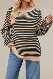 Striped Knit Loose-fitting Crew Neck Long-sleeved Casual Sweater