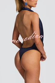 Lara Satin Halter Cowl Neck Bodysuit and Mid-rise Embellished Waistband Layered Hem Skort Set