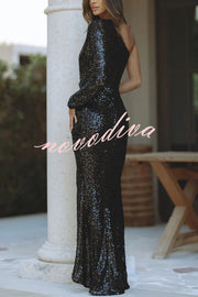 Hollywood Smiles Sequin One Padded Shoulder Slit Maxi Dress