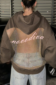 Fashionable Shiny Mesh Hollow Back Loose Long-sleeved Hooded Sweatshirt