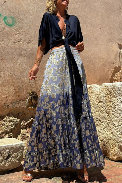 Elina Tie Dye Gradient Flower Drawstring Elastic Waist Maxi Skirt