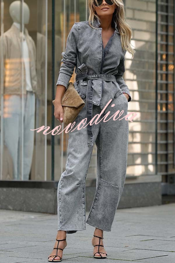 Casual Meetup Denim Stand Neck Long Sleeve Belted Loose Jacket
