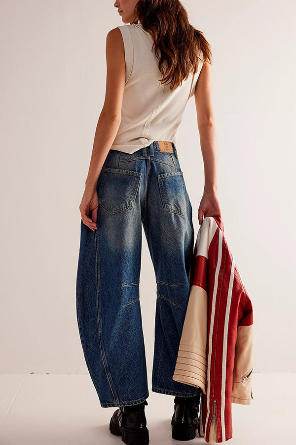 Rina Denim Mid-Rise Pocket Tapered Hem Barrel Jeans