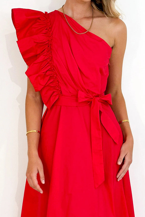 Solid One Shoulder Ruffled Sleeves Tie Waist Maxi Dress