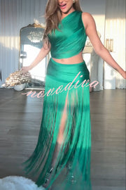 Dancing Miracle One Shoulder High Waist Hollow Design Tassel Hem Drape Mini Dress