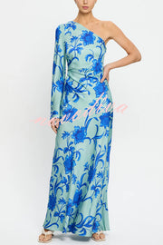 Satin Botanical Print One-Sleeve Resort Maxi Dress