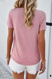 Casual Solid Color Short Sleeved V Neck Hollow T-Shirt