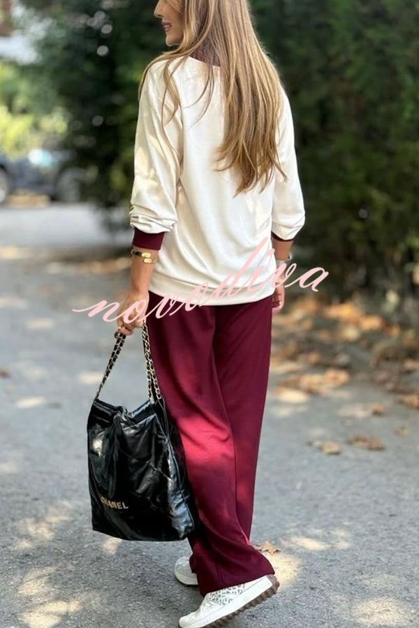 Stylish Color-blocked V-neck Knitted Button-down Cardigan and Elastic Waist Casual Wide-leg Pants Set