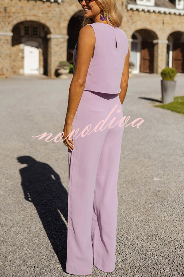Modern and Elegant Solid Crop Tank and High Rise Flare Loose Pants Set