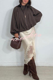 Rolen Satin Lace Patchwork Elastic Waist Irregular Hem Midi Skirt
