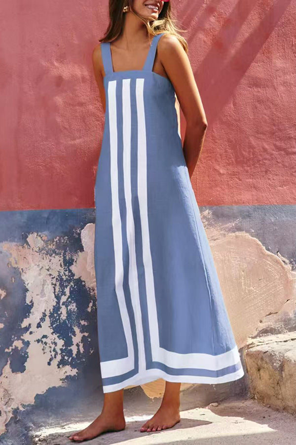 Striped Print Resort Style Casual Sling Maxi Dress