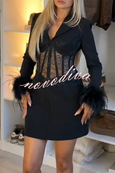GIA Lace Corset Waist Feather Sleeve Structured Lapel Blazer Mini Dress