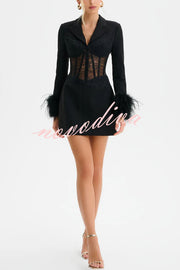 GIA Lace Corset Waist Feather Sleeve Structured Lapel Blazer Mini Dress