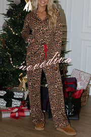 Paige Ribbed Leopard Print Loose Shirt and Elastic Waist Pocketed Pajama Set