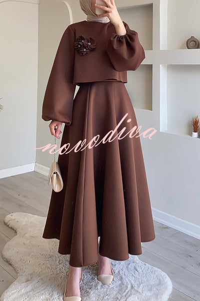 Solid Color Flower-embellished Lantern Sleeve Loose Top and Casual Maxi Skirt Set