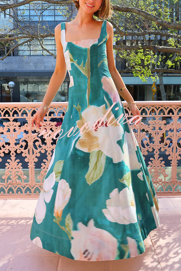 Floral Print Sleeveless Square Neck Big Hem Maxi Dress