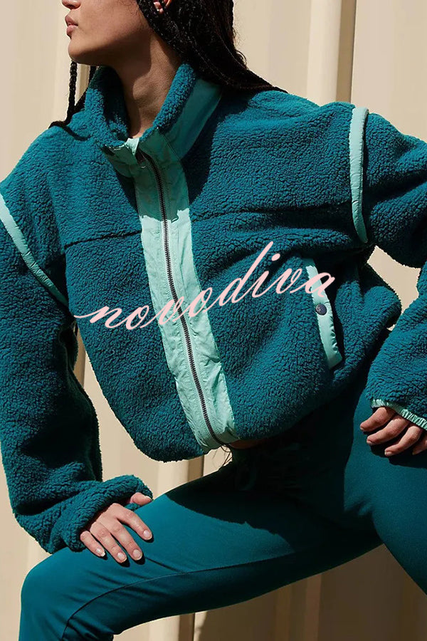 Stylish Patchwork Stand Collar Sherpa Zipper Jacket