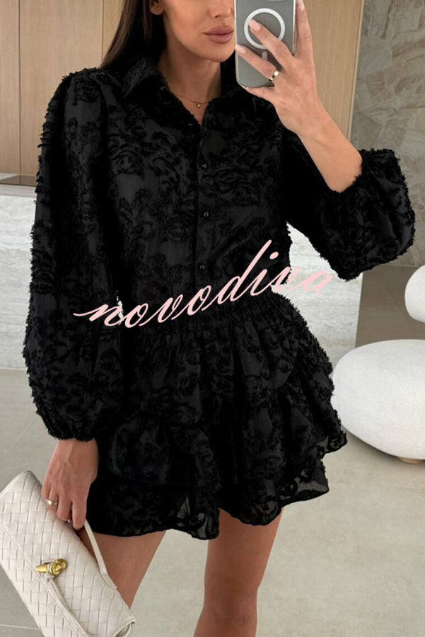 Unique Lace Texture Fabric Balloon Sleeve Blouse and Elastic Waist Layered Skirt Set