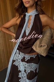 Sunday Social Contrast Color Satin Lace Trim Neck Strap Loose Tank