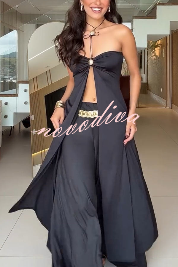 Stellah Golden Details Front Slit Midi Tube Top and Elastic Waist Wide Leg Pants Set