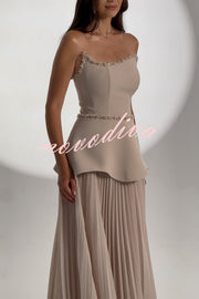 Capture The Moment Gem Trim Pleated Hem Strapless Maxi Dress