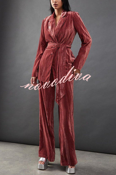 Solid Color Velvet Long-sleeved Waist Tie Top and Elastic Waist Casual Pocket Straight-leg Pants Set