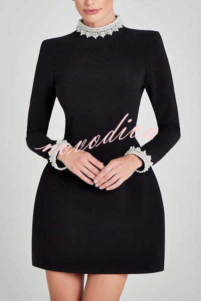 Lovers Kiss Pearl Trim High Neck Long Sleeve Pocketed Tulip Mini Dress