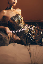 Clemence Plisse Metallic Fabric Reverse Halter Beck Strap Drape Slit Maxi Dress