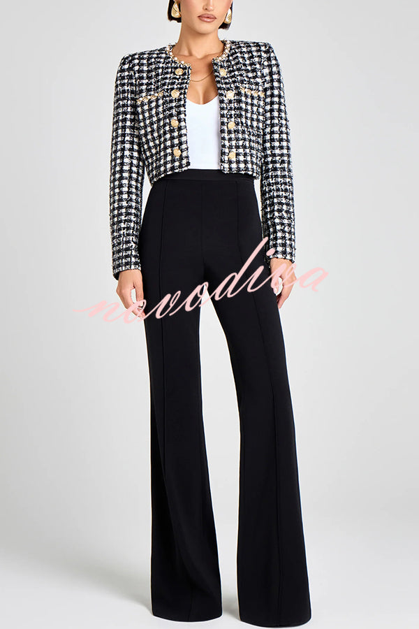 Remy Check Bouclé-tweed Fabric Pearl Trim Gold Button Long Sleeve Jacket