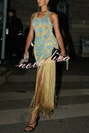 Unique Print Sleeveless Fitted Fringed Hem Maxi Dress