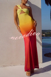 Dreamy Sunset Mesh Ombre Print One Shoulder Cutout Stretch Maxi Dress