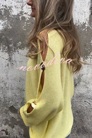 Solid Color Round Neck Hollow Long Sleeve Loose Knitted Sweater