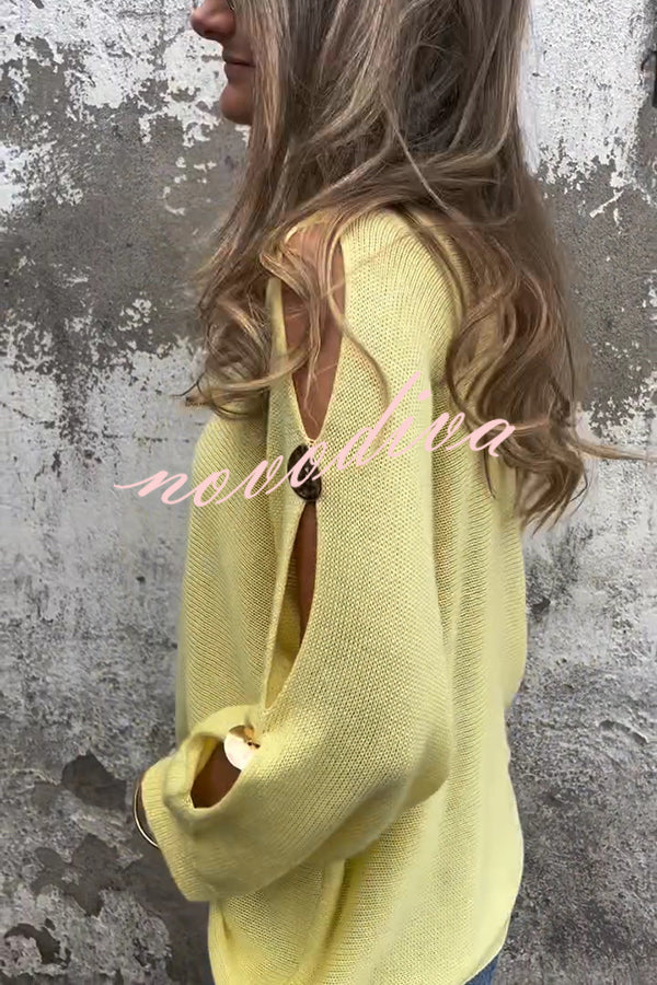 Solid Color Round Neck Hollow Long Sleeve Loose Knitted Sweater
