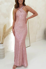 Time To Sparkle Sequin Cross Halter Neck Backless Maxi Dress