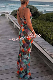 Little Mermaid Colorful Scales Print Halter Maxi Dress