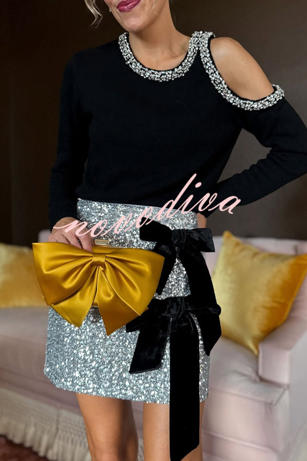 Holiday Party Sequin Velvet Bow Detail High Rise Stretch Mini Skirt