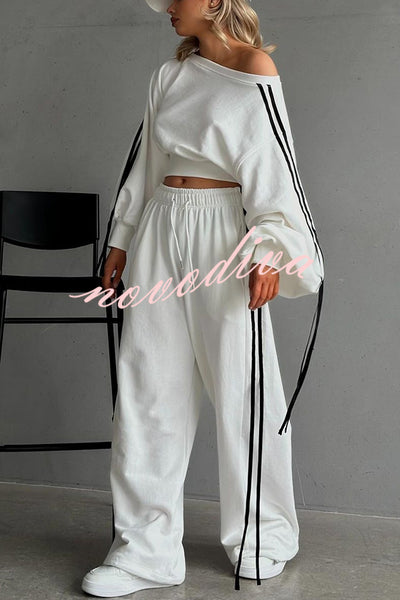 Contrast Color Webbing Casual Sweatshirt and Elastic Waist Tie Loose Pants Set