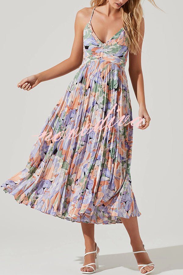 Wedding Party Season Floral Print Pleated Back Tie-up Midi Dress