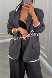 Fashion Sports Style Ribbed Colorblock Lapel Blazer and Elastic Waist Pocket Loose Pants Set