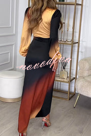 Romantic Sunset Gradient Print Ruched Balloon Sleeve Slit Maxi Dress