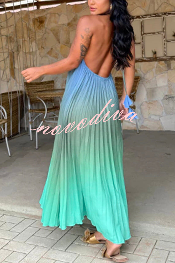 Sea goddess Gradient Print Pleated Halter Backless A-line Maxi Dress