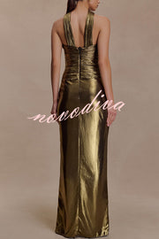 Clemence Plisse Metallic Fabric Reverse Halter Beck Strap Drape Slit Maxi Dress